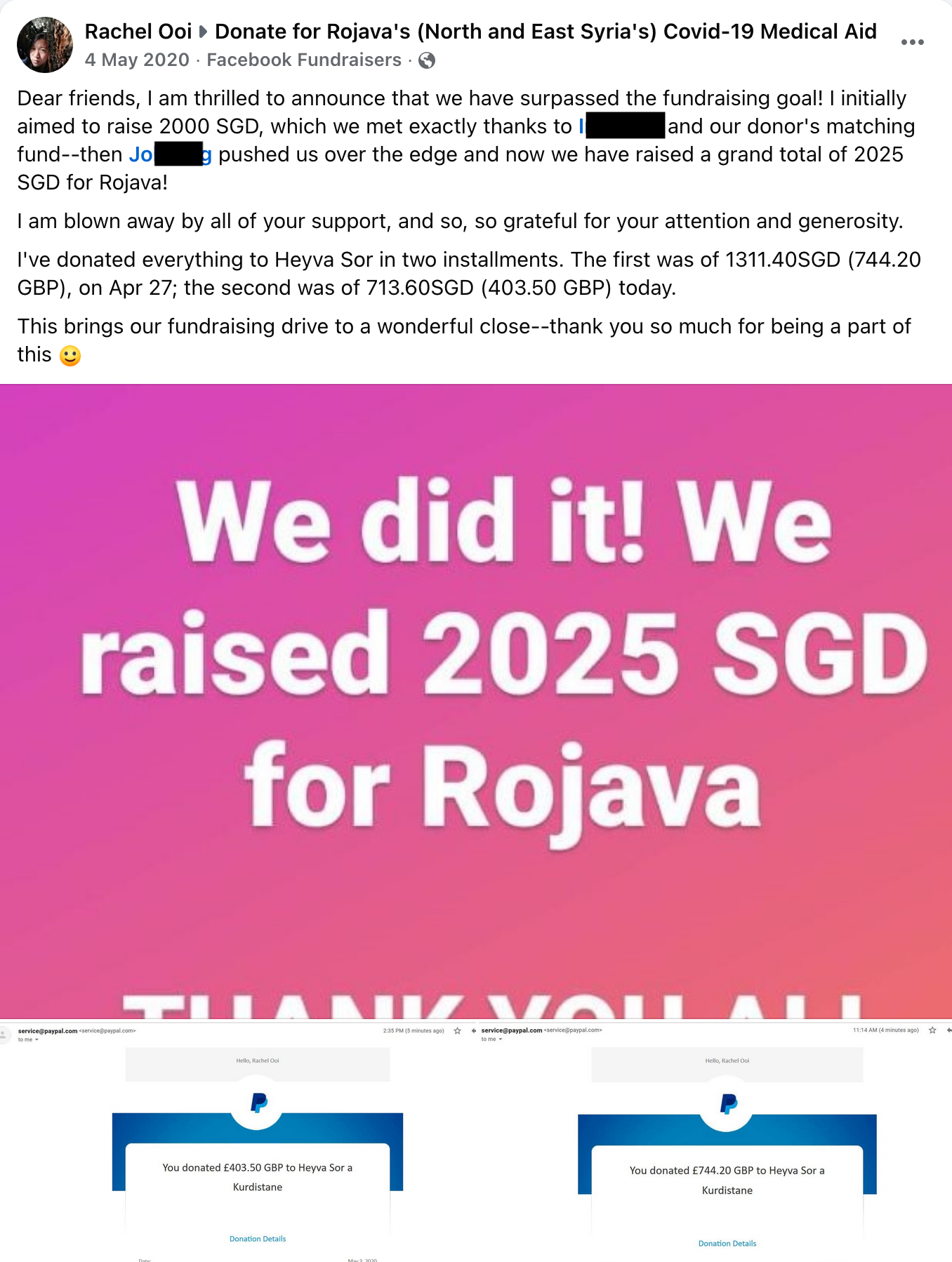 screenshot of Rojava fundraiser 'thank you' message, showing the fundraised amount and Paypal transfers